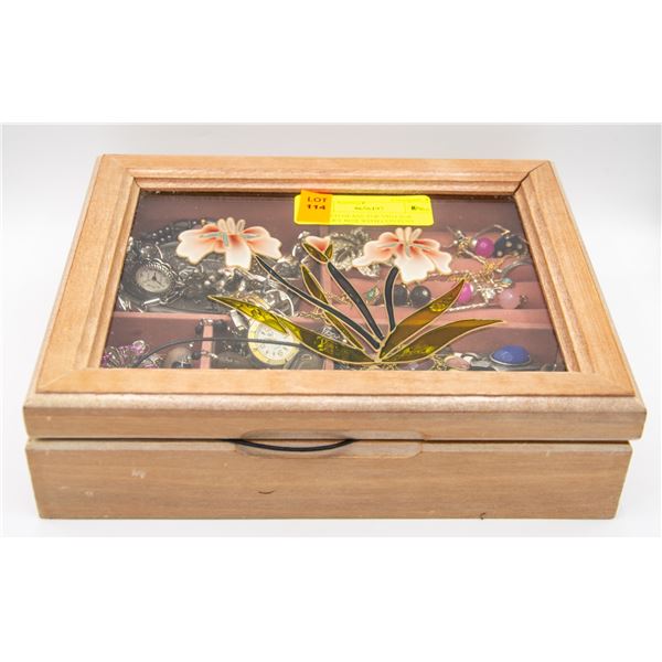 STAINED GLASS TOP VINTAGE JEWELRY BOX WITH CONTENT