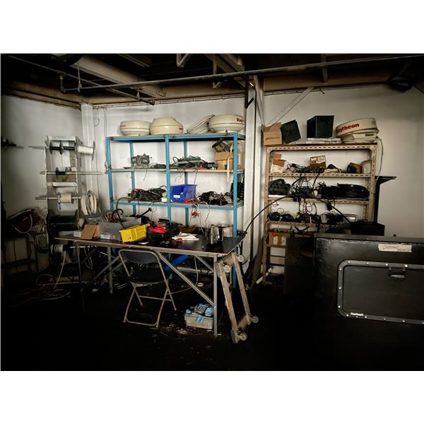 CONTENTS OF ELECTRICAL ROOM INCLUDING: SHELVING, WORK TABLES, SPOOL RACK, WIRE SPOOLS, RADARS,