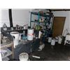 Image 1 : CONTENTS OF PAINT ROOM INCLUDING: SHELVES, WORKBENCH, BAR FRIDGE & ALL CHEMICALS / PAINTS