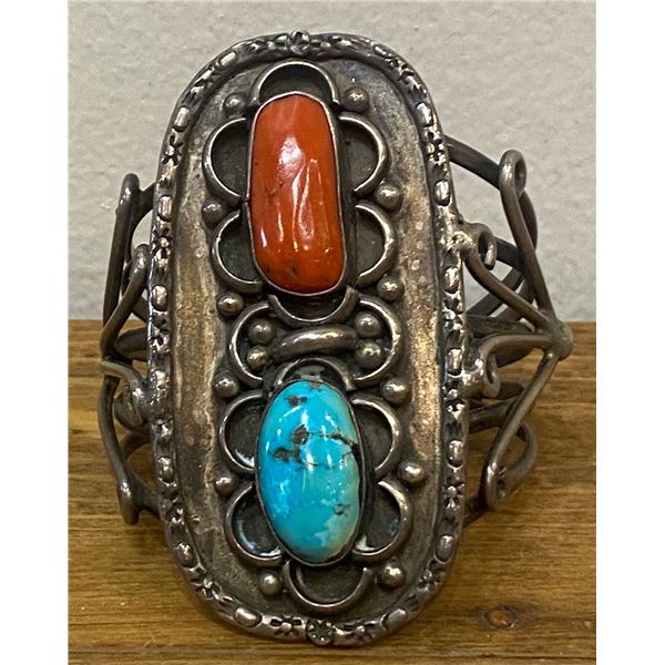 Vintage Turquoise and Coral Cuff Bracelet.