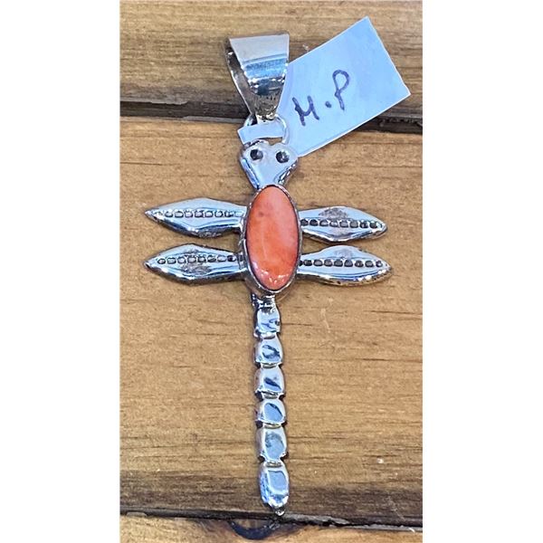 Dragonfly Pendant with a sweet Coral Stone.  This masterpiece was created by Mildred Parkhurst