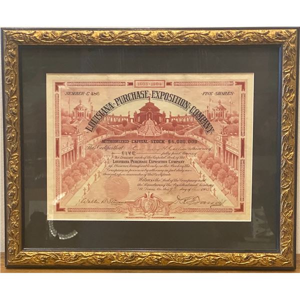 Rare 5-Share Capital Stock Certificate for the Louisiana Purchase 1904 Exposition.