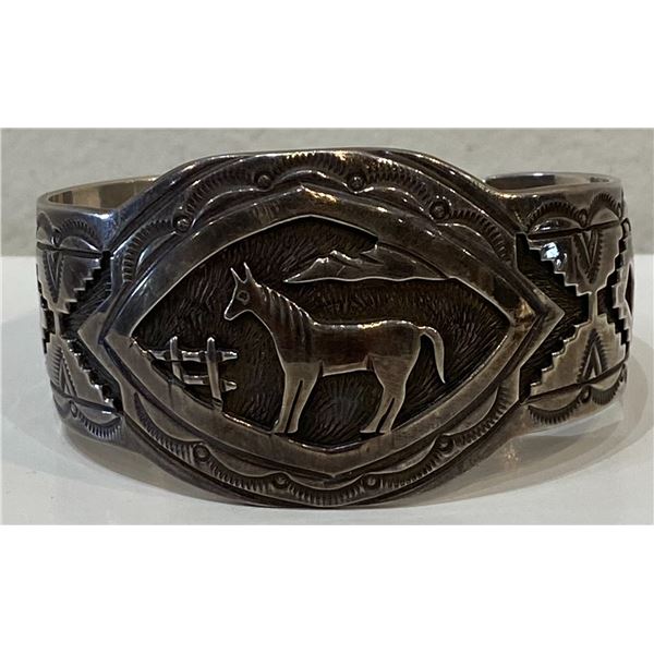 Overlay Silver Horse Cuff Bracelet with fancy carving