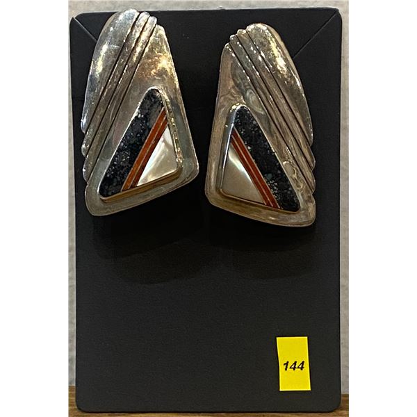 Sterling Inlaid Clip Earrings Sodalite and Shell