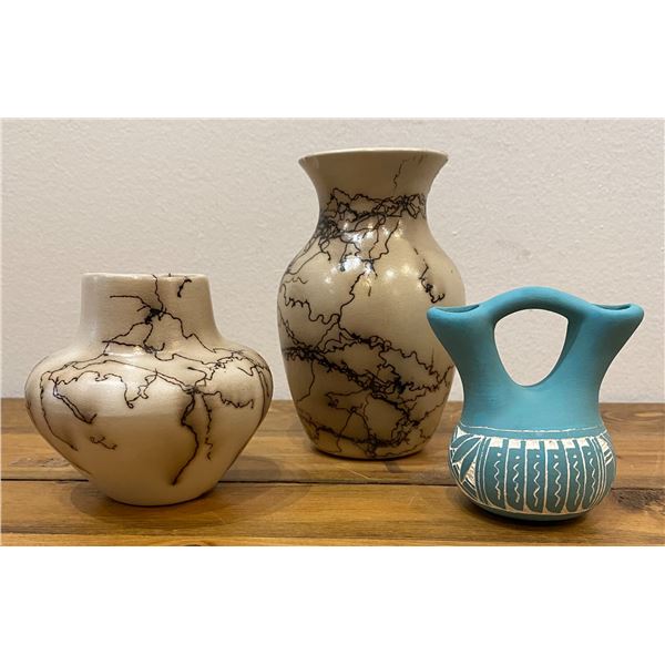 Two pieces of Horsehair Pottery and one Greenware Wedding Vase
