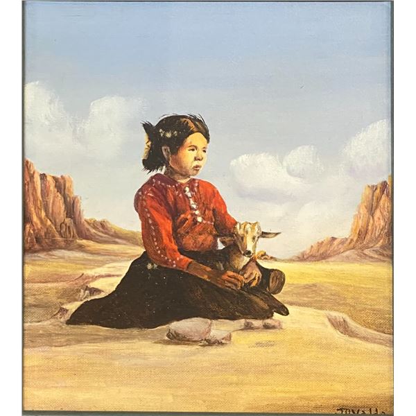 Vintage Painting of a Navajo Girl her Goat signed J P Valdo