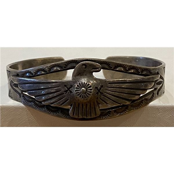Historical Coin Silver Cuff Bracelet with Eagle Overlay