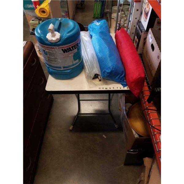 LOT OF TENT, TARP AND WATER JUG