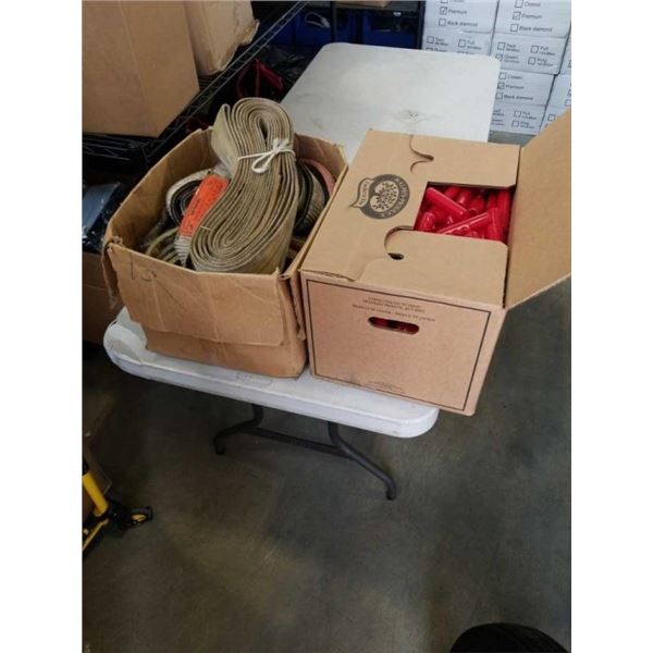 BOX OF LOAD STRAPS AND TOOL HANDLE COVERS