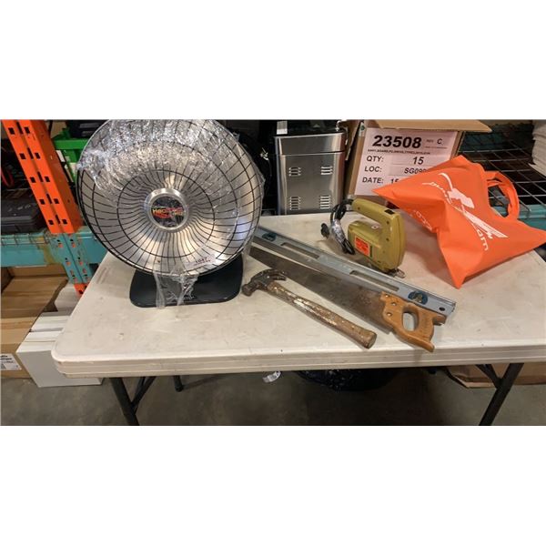 HEAT DISH, HAMMER, SAW, LEVEL AND JIGSAW