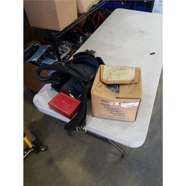 TOOL BELT, DRILL BIT SET AND BOX OF MACHINING BOLTS