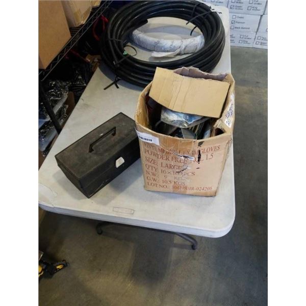 BOX OF ELECTRICAL HARDWARE AND TACKLEBOX WITH SHOP SUPPLIES AND HARDWARE