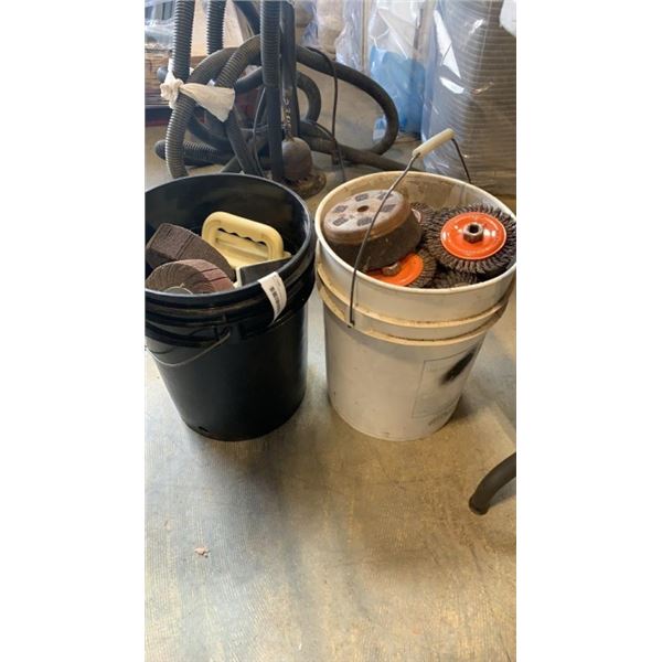 2 PAILS OF WIRE WHEELS, POLISHING STONE, FLAP SANDING WHEELS