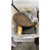 Image 2 : TOTE AND BOX OF CAST IRON LID, NEW ANTENNAS, TOOL BELTS AND MORE