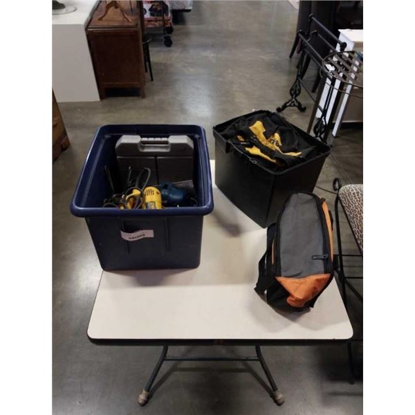 TOTE AND BIN OF TOOLS, JIGSAW, TOOL BAGS, SOCKET SET