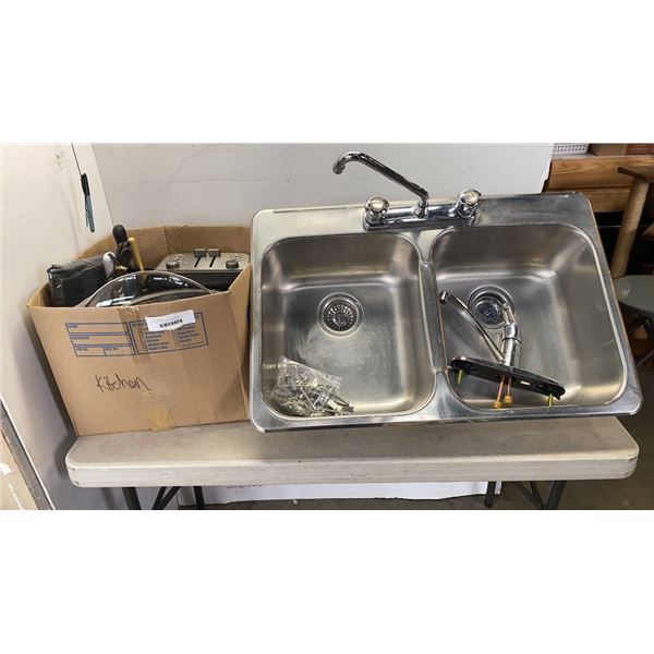 DOUBLE STAINLESS SINK AND BOX OF KITCHEN ITEMS, CROCK POT