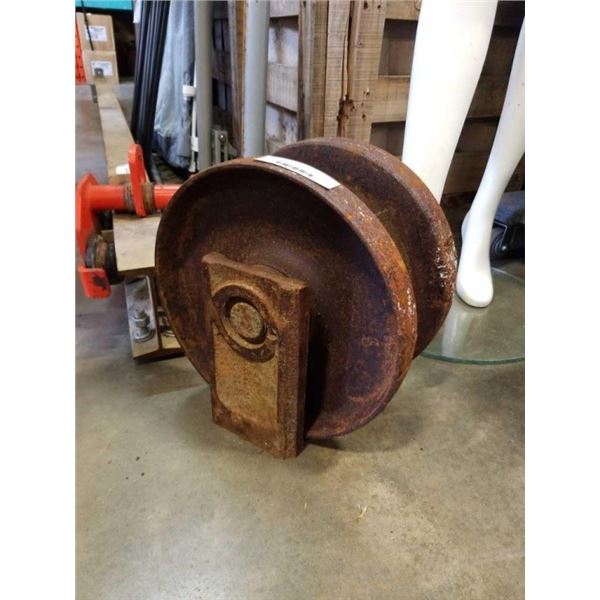 HEAVY DUTY IRON MOUNTED PULLEY WHEEL 13 1/2 TALL X 10 INCH WIDE