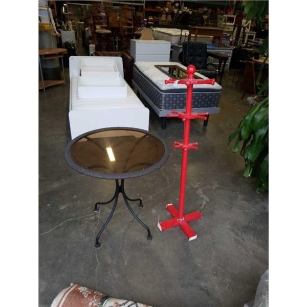 GLASSTOP PATIO BISTRO TABLE AND SHORT RED COAT TREE