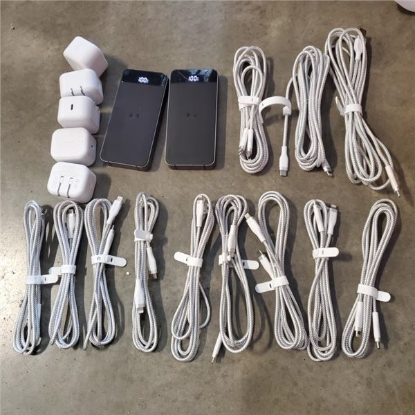 LOT OF AS NEW APPLE IPHONE CHARGING CABLES 6FT AND 10FT WITH 2 WIRELESS CHARGING BANKS AND 5 WALL PL