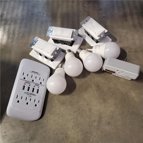 LOT OF AS NEW DIMMER SWITCHES, GLOBE SMART BULBS 6 PRONG OUTLET WITH USB AND SMART PLUGS