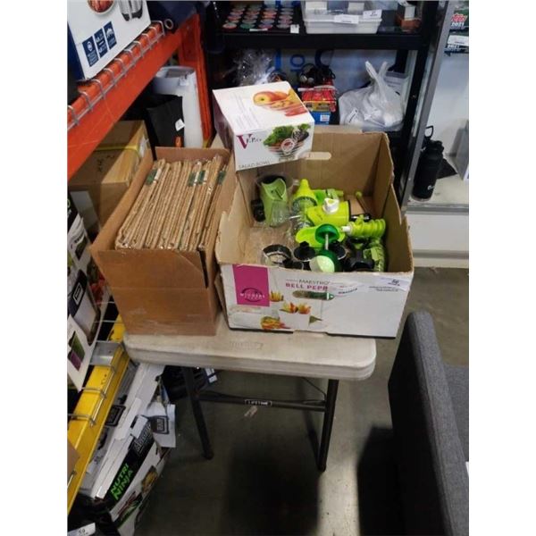 BOX AND TRAY OF TABLE CLOTHS, SALAD BOWL, FOOD SLICERS
