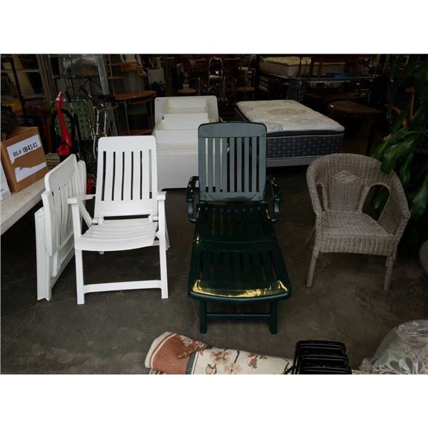 WICKER CHAIR, PATIO LOUNGE CHAIR AND 2 FOLDING PATIO CHAIRS