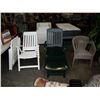 Image 1 : WICKER CHAIR, PATIO LOUNGE CHAIR AND 2 FOLDING PATIO CHAIRS