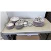 Image 1 : PINK AND WHITE STONEWARE DISH SET - INCLUDES PLATES, CUPS, SAUCERS, CREAM AND SUGAR, SERVING DISHES
