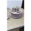 Image 2 : PINK AND WHITE STONEWARE DISH SET - INCLUDES PLATES, CUPS, SAUCERS, CREAM AND SUGAR, SERVING DISHES
