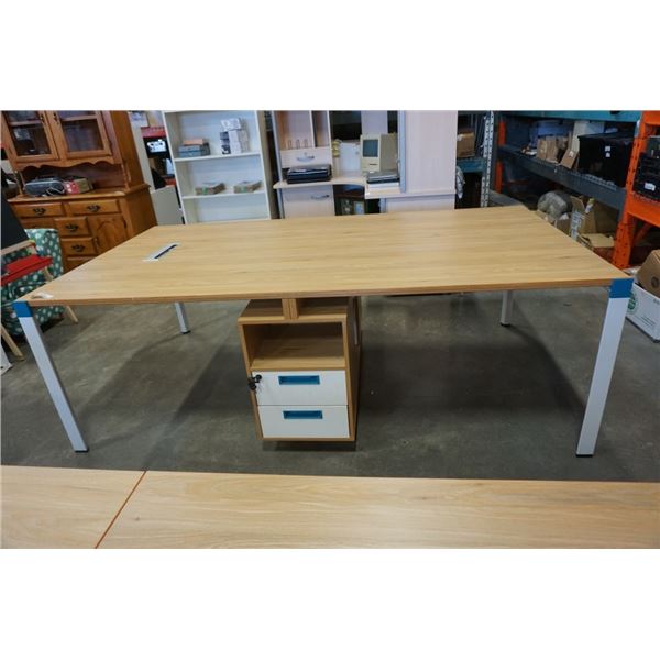 NEW MODERN 4 PERSON WORKSTATION WITH LOCKING STORAGE ON EACH SIDE. THICK WOOD TOP