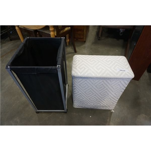 WICKER HAMPER AND BLACK FABRIC HAMPER