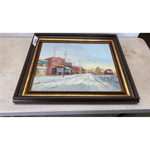 FRAMED ACRYLIC 16" X 20" STREET SCENE IN WINTER BY WILFRED LAMBERT