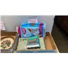 Image 1 : 2 TRAYS AND BRIEFCASE - CRYSTAL CANDY DISH, POLYESTER CORE THREAD, FRAMED PETIT POINT AND PEN SET, B