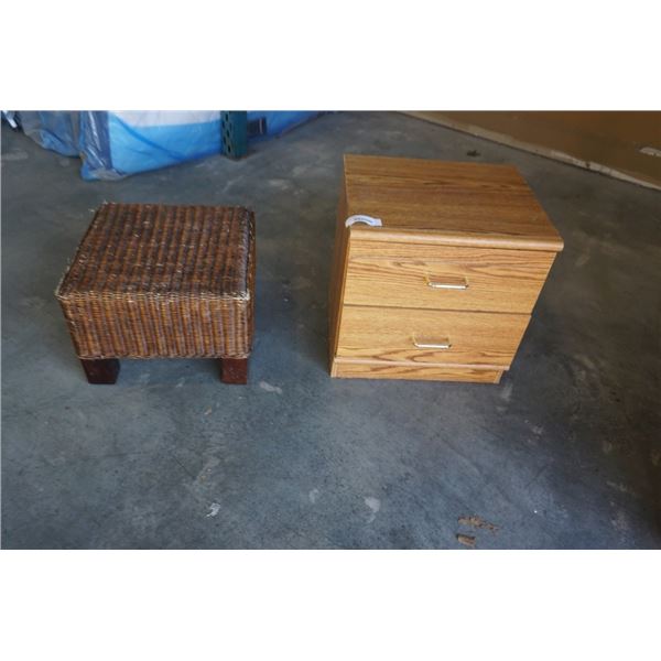 WICKER OTTOMAN AND 2 DRAWER NIGHTSTAND