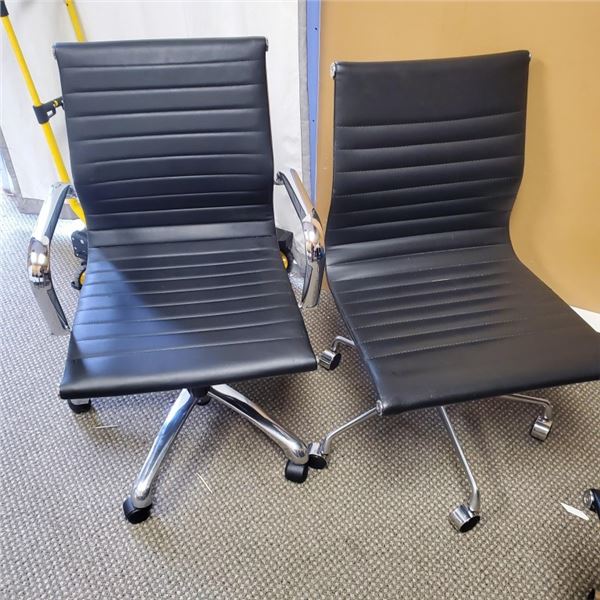 2 CHROME AND BLACK LEATHER LOOK ROLLING OFFICE CHAIRS ONE IS GAS LIFT