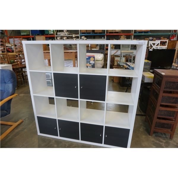 WHITE CUBICAL SHELF WITH 6 BLACK CUPBOARDS - 58 INCHES WIDE X 58 INCHES TALL