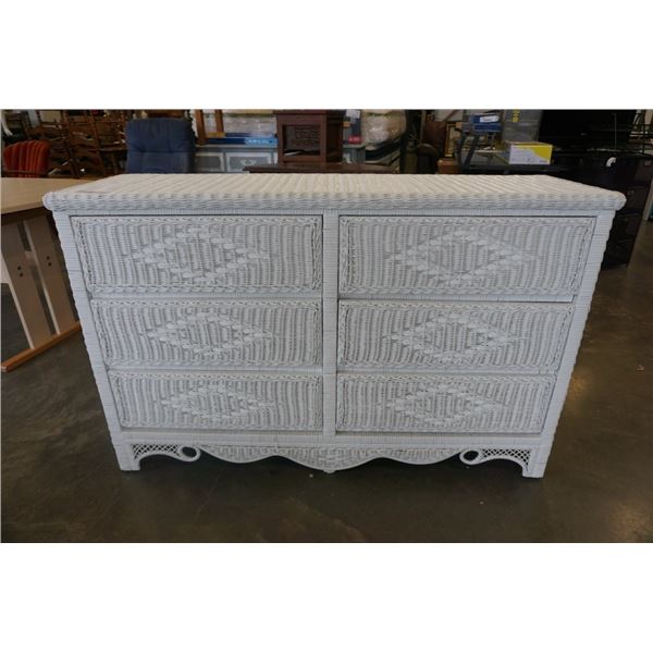 WHITE WICKER 6 DRAWER DRESSER W/ MIRROR AND HEADBOARD