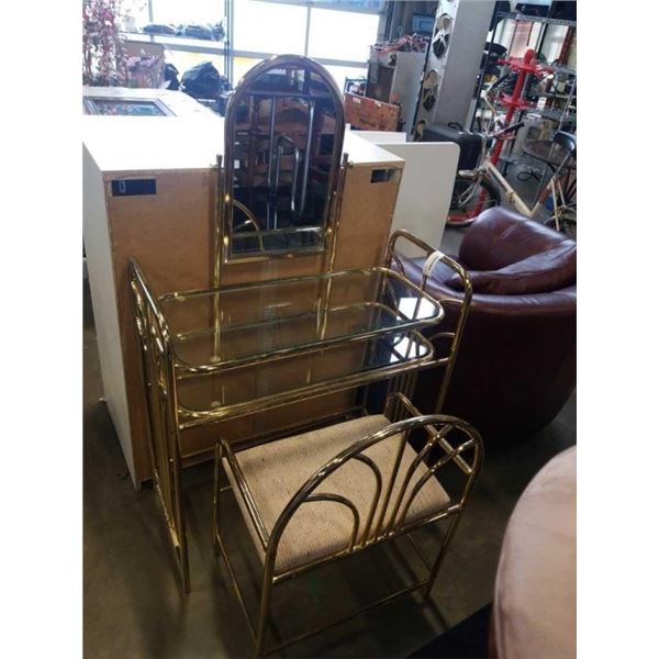 BRASS AND GLASS VANITY WITH MIRROR AND STOOL