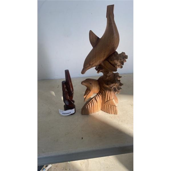 CARVED WOOD DOLPHINS AND SMALL WOOD CARVING - DAMAGED TAIL