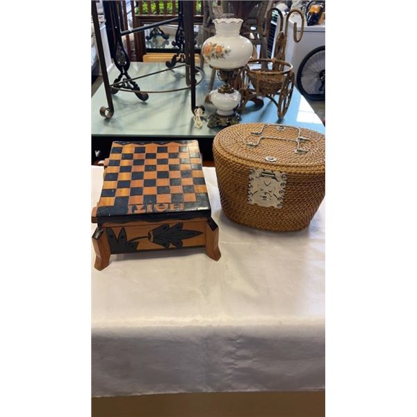 WOOD CHESS SET WITH PIECES AND WOVEN WICKER BASKET