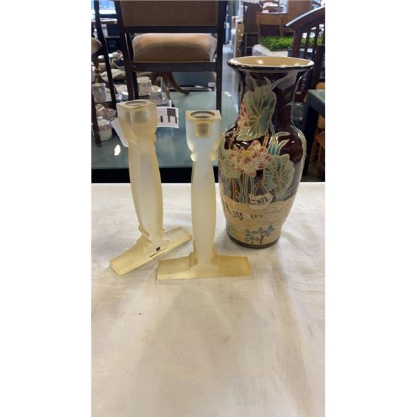 POTTERY 12 INCH VASE AND 2 CANDLESTICKS