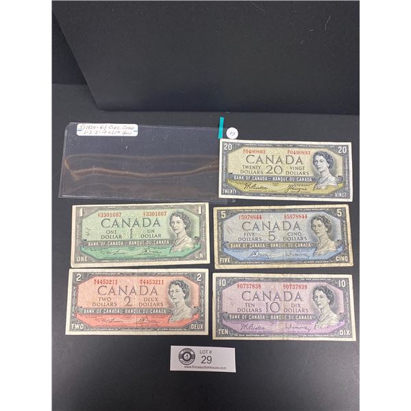 Lot of 5 Very Good Circulated Condition 1954 $1, $2, $5, $10, $20 Bills