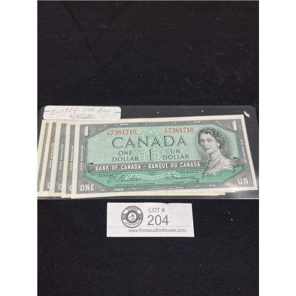 Lot of 5 Uncirculated Condition 1954 $1 Canadian Bills