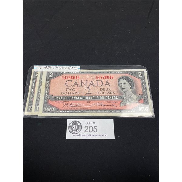 Lot of 3 Circulated 1954 $2 Canadian Bills