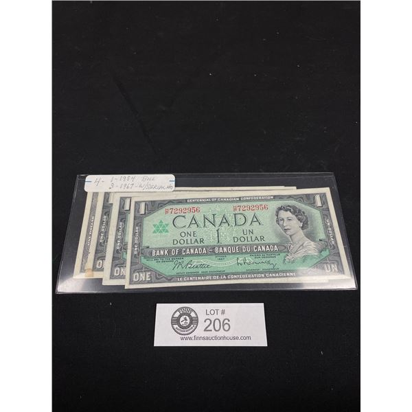 Lot of 4 Canadian $1 Bills - 1 x 1954 and 3 x 1967 with Serial Circulated Bills