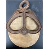 Image 1 : Antique Cast Iron and Wood Wheel Farm Pulley - 9 x 6"