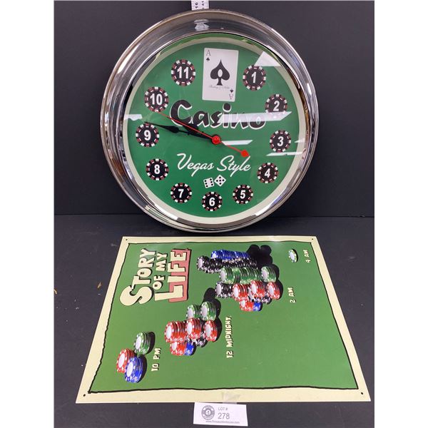 Casino Vegas Style Wall Clock and Story of My Life Tin Sign