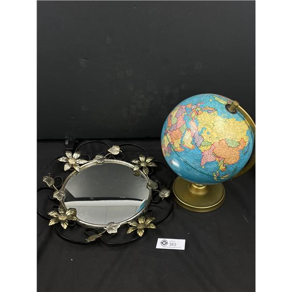 Vintage World Globe with Flower Framed Antique Made in England Mirror