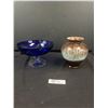 Image 1 : Beautiful West German Stamped and Numbered Vase with Blue Glass Pedestal Bowl