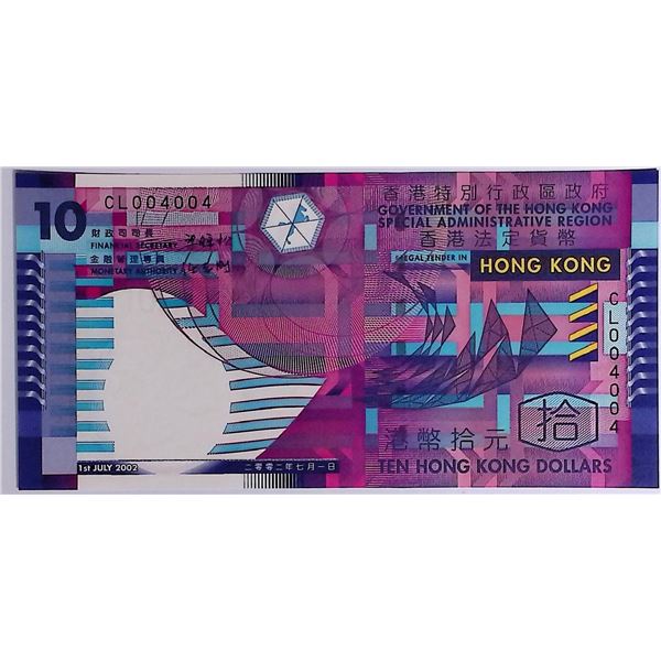 2002, HKG $10,  CL004004, Repeater S/N,UNC